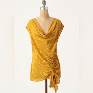 Anthropologie Maeve Mustard Polka Dot Ruched Top Size 6